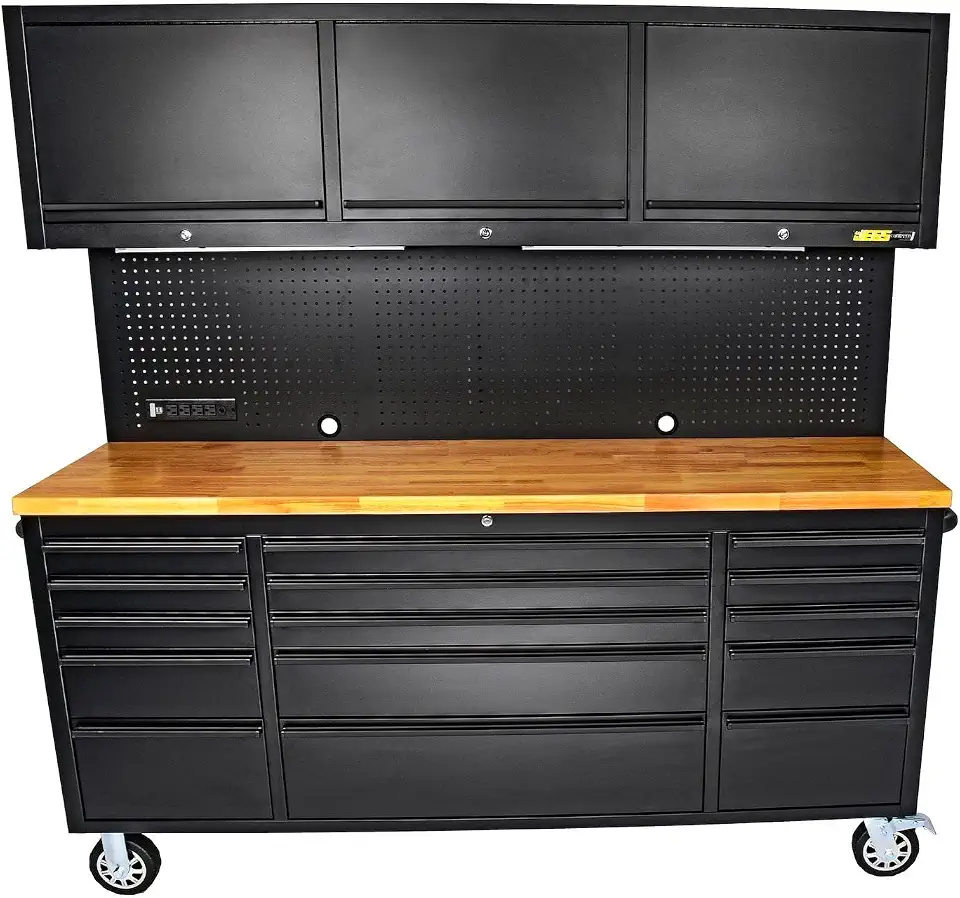 JEGS 72 in.15-Drawer Rolling Tool Chest Cabinet with Upper Storage, Black | Black Powder-Coated Steel, - B0GWNQDWVP