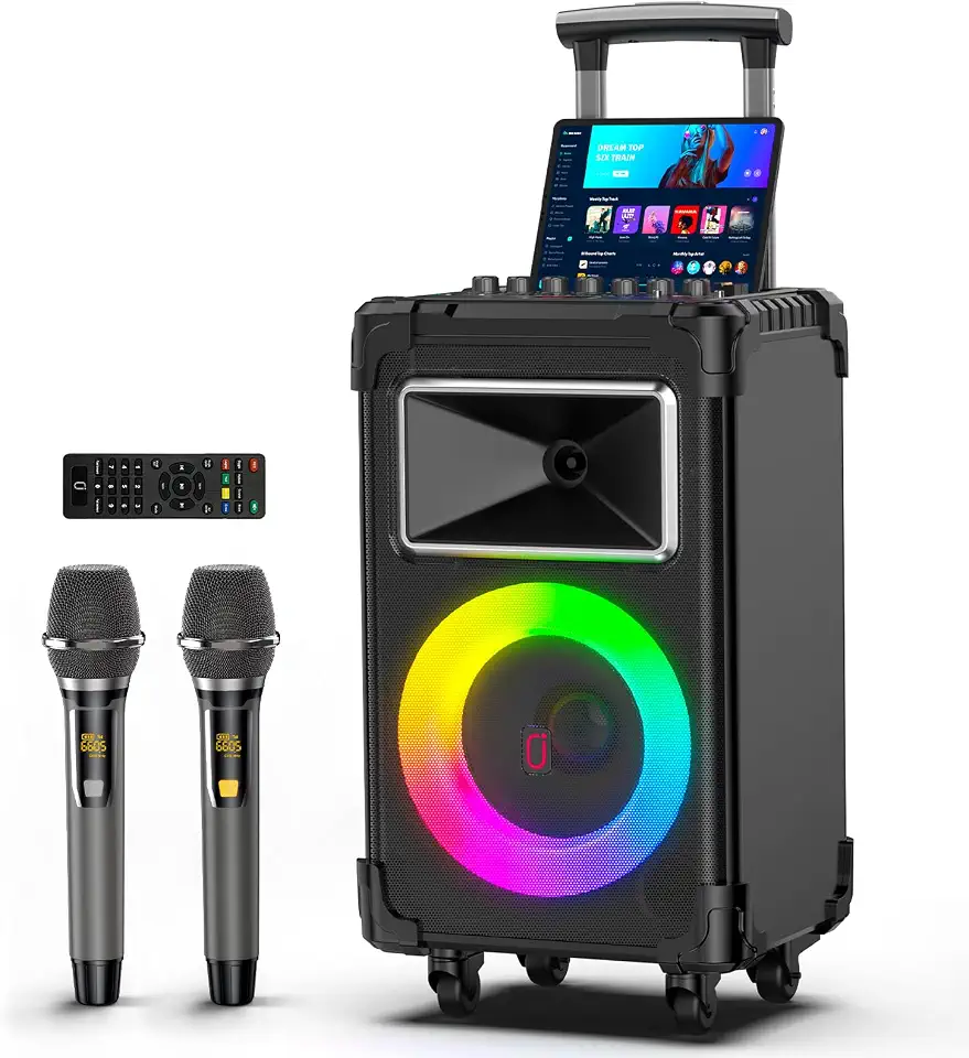 JYX 500W Peak Rolling Karaoke Machine, 10" Woofer & 2 Wireless Mics - B0BQ6L457R