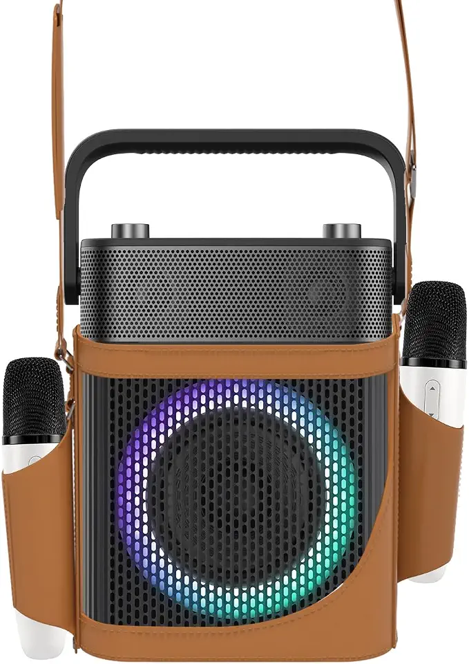 Karaoke Machine with 2 UHF Wireless Microphones, IPX4 Waterproof Portable Bluetooth Speaker with Leather Bag - B0CVXDRBXZ