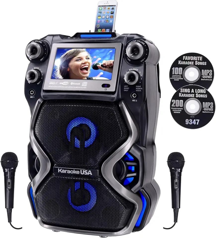 Karaoke USA GF920 Rechargeable Portable Bluetooth CDG-MP3G Karaoke Machine and PA System with 2 Microphones - B07J9NXWYF