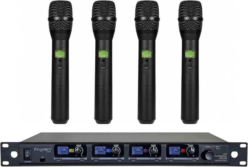 Kingdom SYSV52 1000 Channel UHF 4 Handheld V5 Wireless Microphone System with Individual Volume Control - B07Z9Q77VT