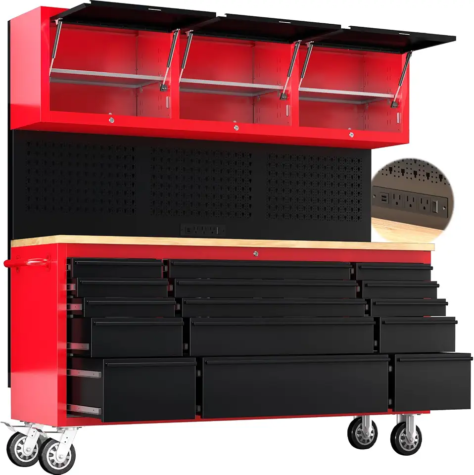 LARBANKE 72" Rolling Tool Chest with 15 Drawers, 1.2" Thick Solid Wood Top | Power - B0GVGZDL6Z