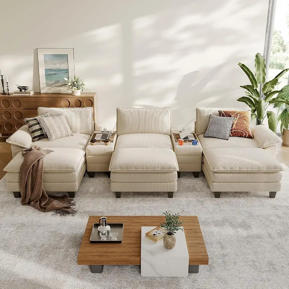 LINSY HOME Modular Sectional Sofa for Living Room, Corduroy Cloud Couch with Storage Console, USB - B0HHDFSFZ9