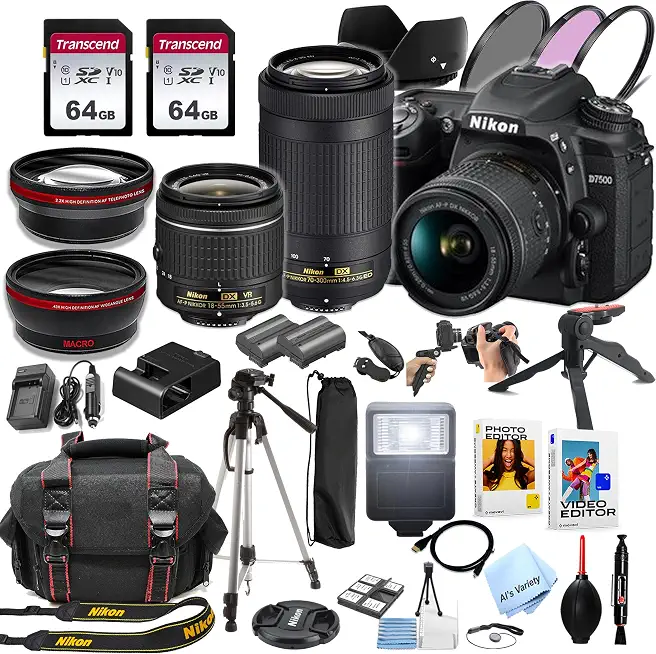 Nikon D7500 DSLR Camera Kit with 18-55mm VR & 70-300mm Lenses + 128GB Memory, LED - B0DCKFXTMG