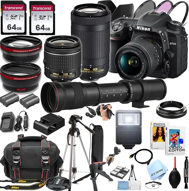 Nikon D7500 DSLR Camera Kit with 18-55mm VR & 70-300mm Lenses + 420-800mm Lens + - B0DCV6Z9FX