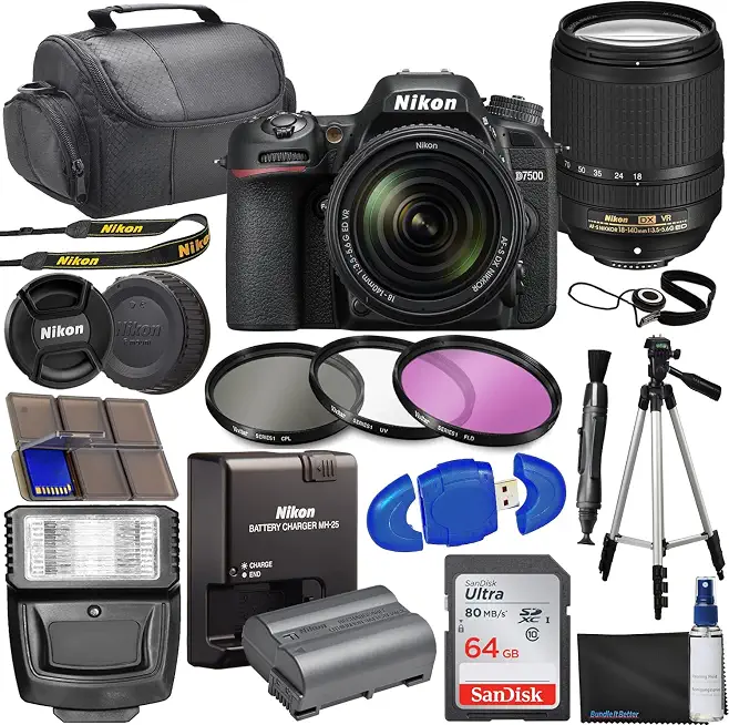 Nikon D7500 DSLR Camera with 18-140mm VR Lens + 64GB Card, Tripod, Flash, 3 Piece - B0FNXBLLSN