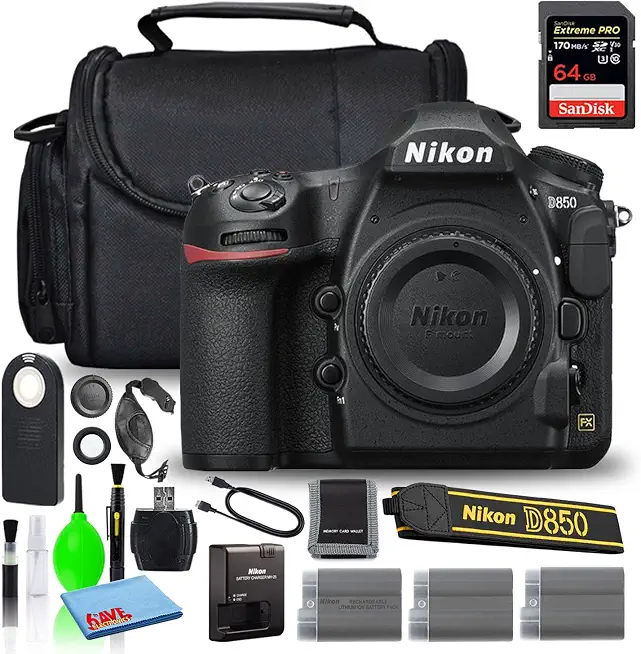 Nikon D850 45.7MP DSLR Digital Camera (Body Only) (1585) Deluxe Bundle with 64GB Extreme PRO - B09V8GS27S