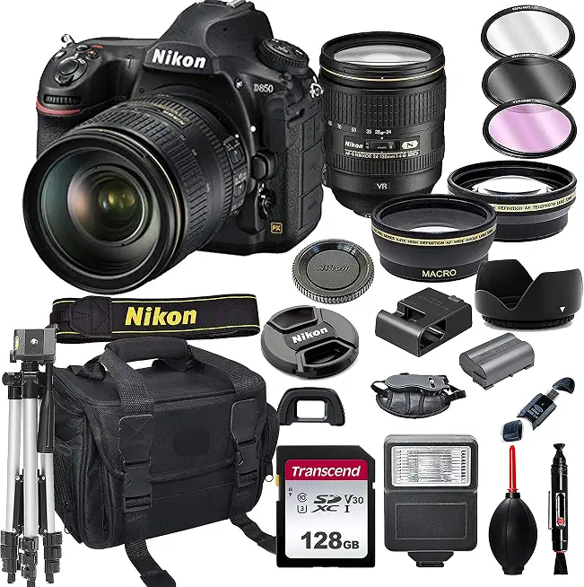 Nikon D850 DSLR Camera with 24-120mm VR Lens Bundle + 128GB Card, Tripod, Flash, and - B09F57B88N