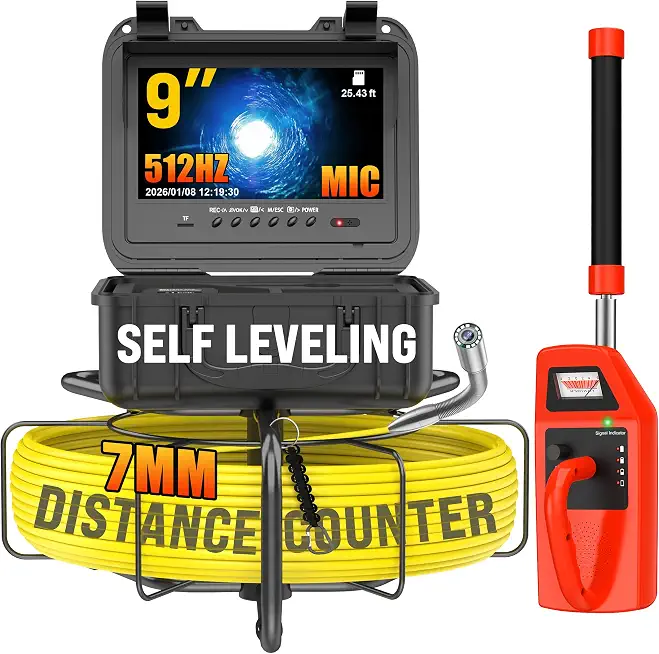OKK Sewer Camera with 512Hz Locator, 9" Self-Leveling Drain Camera 200ft, Distance Counter, 7mm Push - B0FPF2BLYX