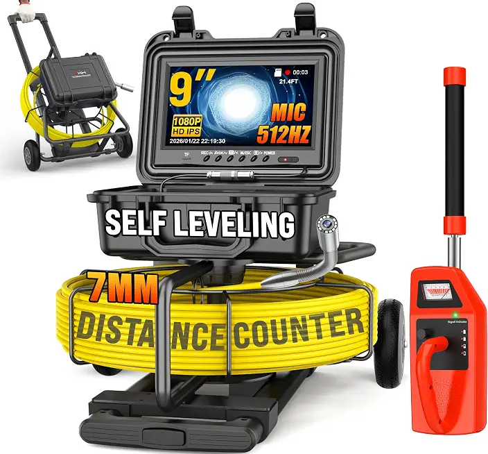 OKK Sewer Camera with 512Hz Locator, Professional 9" Self-Leveling Drain Camera 300ft, Distance Counter, 7mm - B0FPF25VZR