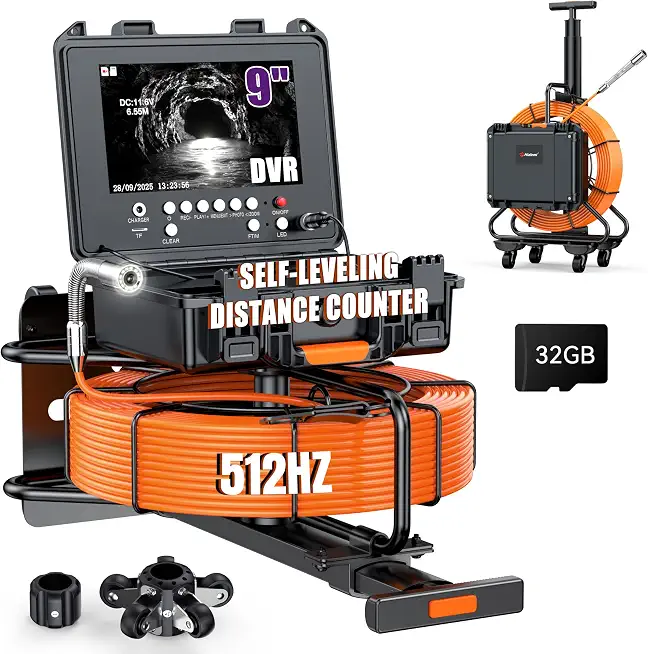 Portable 9'' Sewer Camera with 512Hz Probe - DVR 32GB - 100Ft/30M - B0H6WRTCD4
