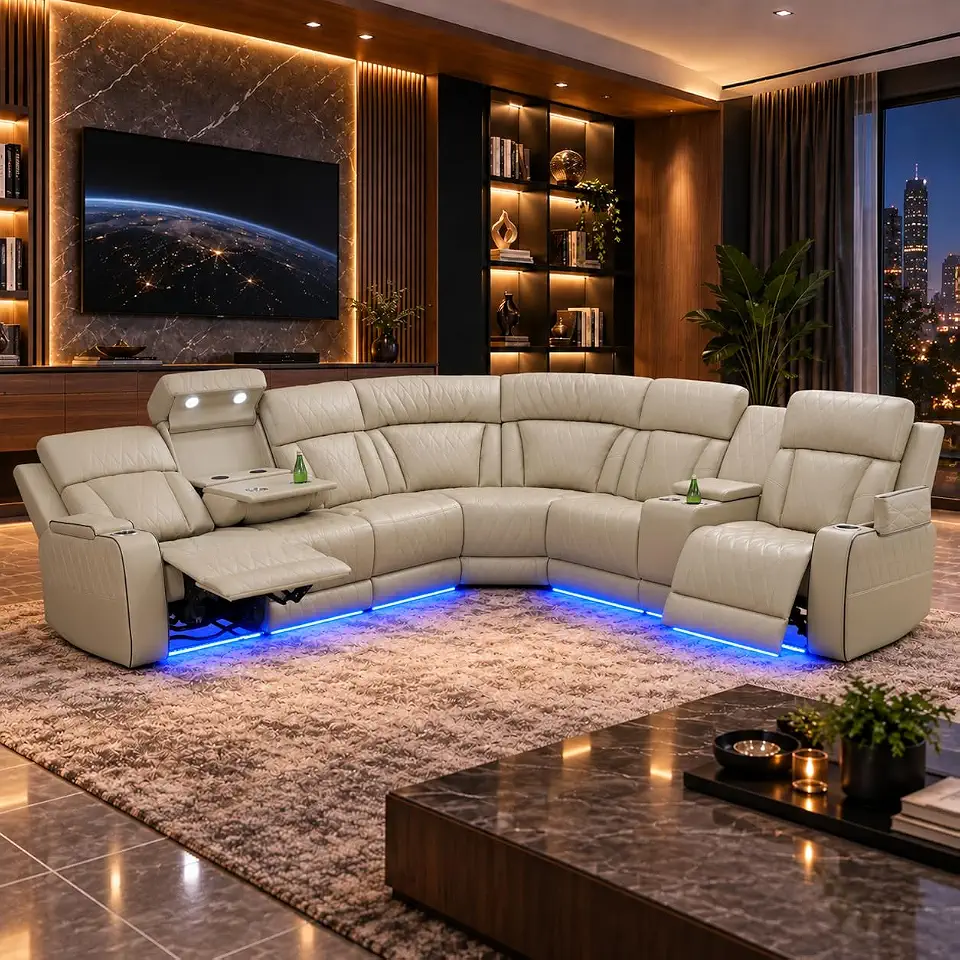 Power Reclining Sectional Sofa, Beige L Shaped Recliner Couch with LED Lights, Cup Holders, Storage - B0HF7PBPVK