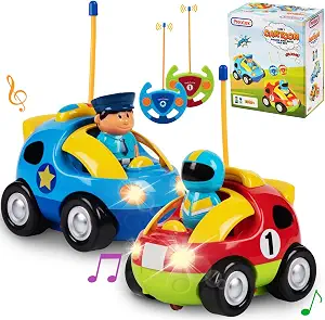 PREXTEX 2 Pack Cartoon Remote Control Cars for Toddlers - Police Car and Race Car - B01CIWDDMO