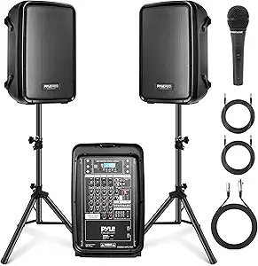 Pyle PA Speaker DJ Mixer Bundle - 300 W Portable Wireless Bluetooth Sound System w/ - B07BKT59W3