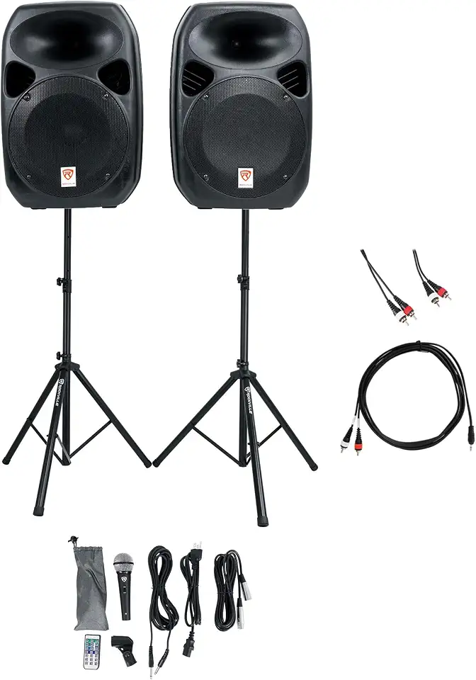 Rockville Karaoke Bundle: RPG122K Dual 12" Powered Speakers, Bluetooth+Mic+Stands, RNRMR10 10' 3.5mm TRS to Dual - B019TO9HYW