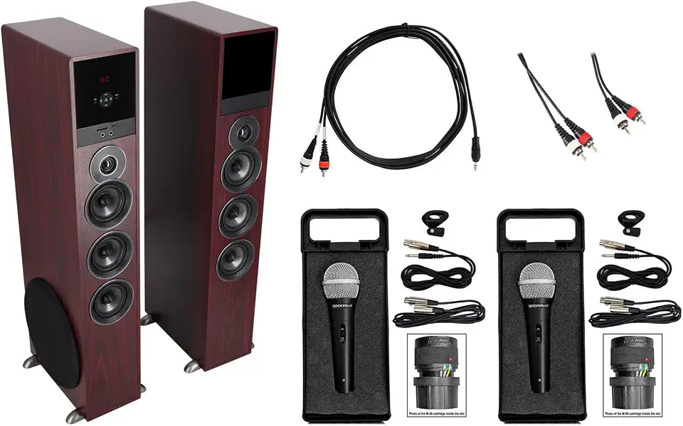 Rockville Karaoke Bundle: TM150C Powered Home Theater Tower Speakers with 10" Sub, RNRMR10 10' 3.5mm - B074GTT54K