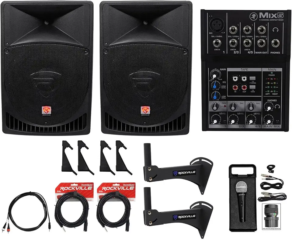 Rockville RPG15 15" Powered Gym Speaker Pair Bundle with Mix5 Mixer - B06XBP2812