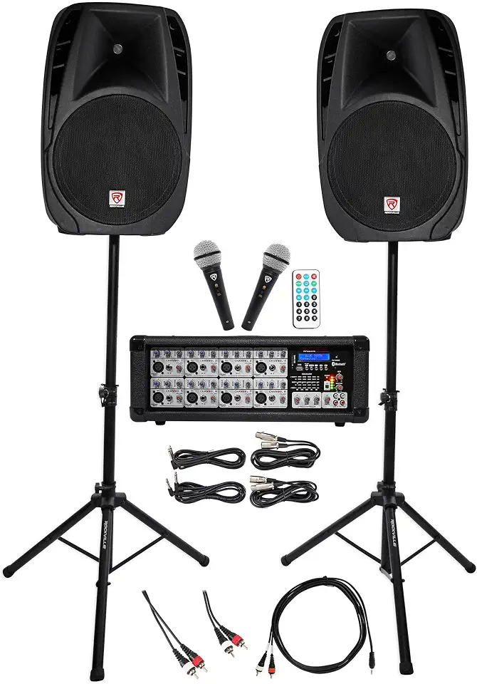 Rockville RPG2X15 Karaoke Bundle 1200W Complete PA System, Dual 15" Passive Speakers, 8-Channel Powered Mixer, - B01N1IWZL5