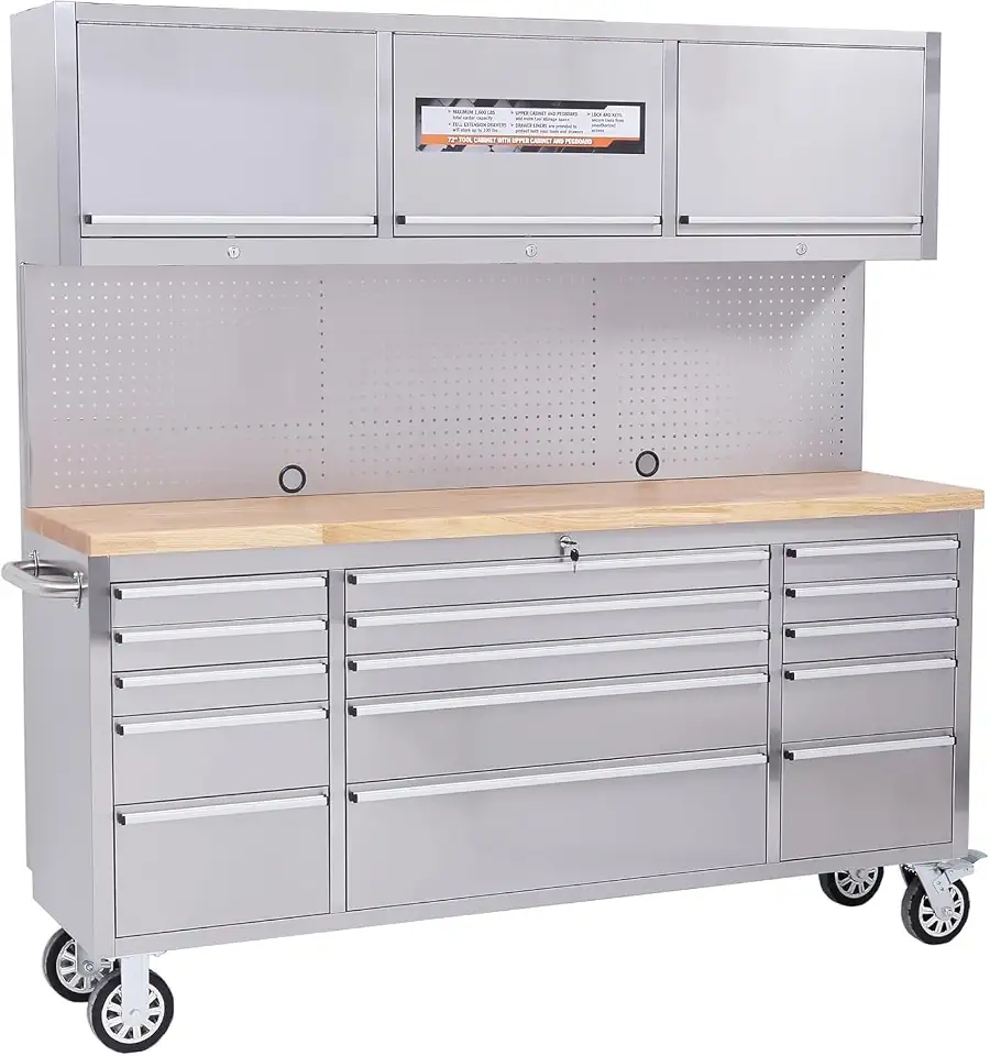 Rolling Tool Chest with Power Strip & Rubber Wood Top - 72 Inch Garage Workbench, - B0FSDG7B2L
