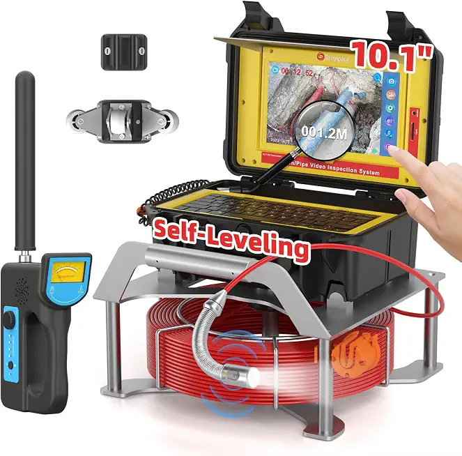 Sanyipace Sewer Camera with Locator, Self-Leveling, 512Hz Sonde, 7mm Cable, 10.1" FHD Touch Screen, Distance - B0CWKMLL69
