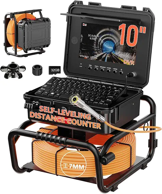 Sewer Camera, 512hz Self-Leveling Sewer Pipe Endoscope Camera Meter Counter 10" Screen 7MM Cable with - B0H4G3VVFX