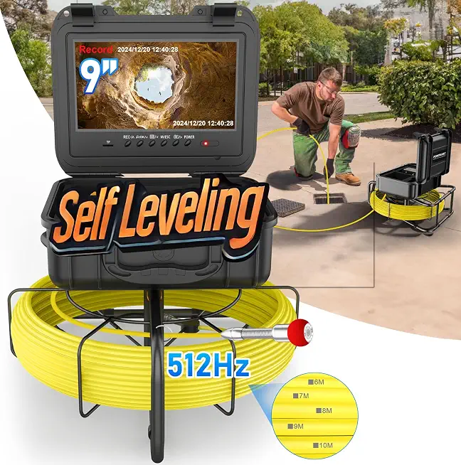 Sewer Camera Self-Leveling 200FT, Built-in 512HZ Transmitter, 7MM Cable, 9'' HD Plumbing Camera with Depth - B0DJ7Q8YNX