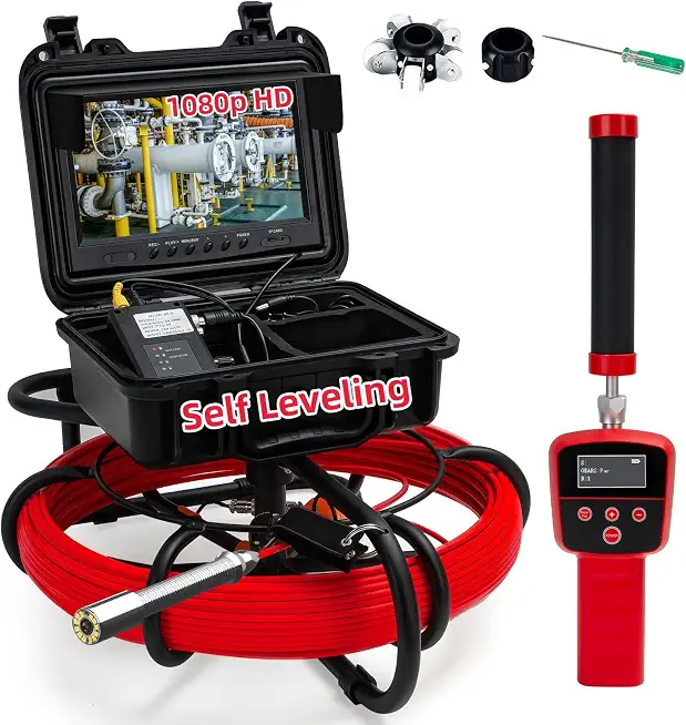 Sewer Camera - Self-Leveling Inspection Camera with 9'' HD DVR, 512HZ Locator, Waterproof, 100ft/30M - B0D2HL6FFC