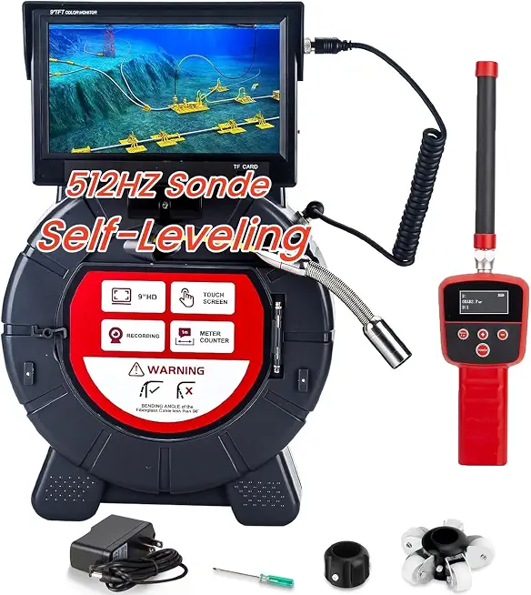 Sewer Inspection Camera - 9" 1080P HD Screen, 512Hz Transmitter & Receiver, 16GB DVR, Self-Leveling - B0D3BNVFHN
