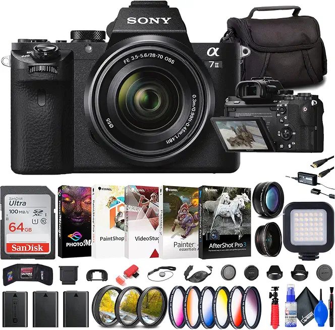 Sony a7 II Mirrorless Camera with 28-70mm Lens (ILCE7M2K/B) + Filter Kit + Wide Angle - B0C3NHY429