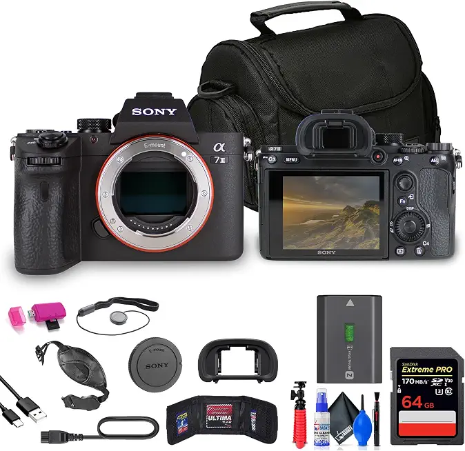 Sony a7 III Mirrorless Camera (ILCE7M3/B) + 64GB Memory Card + Bag + Card Reader - B0BYKZ7K2X