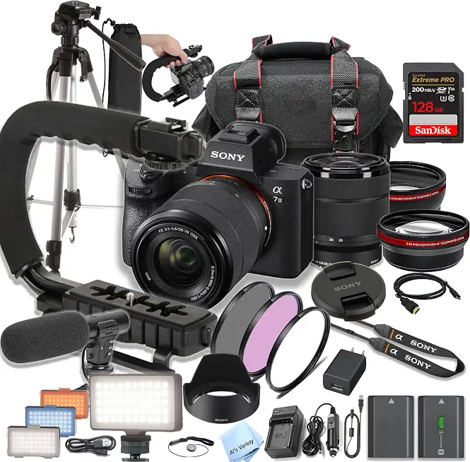 Sony A7 III Mirrorless Camera with 28-70mm + 128GB Extreme Speed Card, U-Grip, Microphone, LED - B0D5RL8ZW8