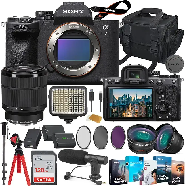 Sony a7 IV Mirrorless Camera with 28-70mm Lens (ILCE-7M4K/B) Bundle with Extra Battery, LED Light, - B0B2VFHLQ8