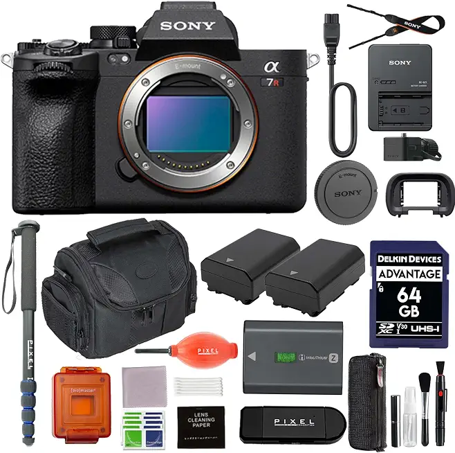 Sony a7R V Full-Frame Mirrorless Camera (ILCE7RM5/B) Bundle with 2 x Extra Battery, Monopod, 64GB - B0BTM9F5P3