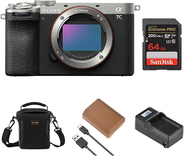 Sony Alpha a7C II Mirrorless Camera, Silver, Bundle with NP-FZ100 Battery, 64GB Memory Card, Charger - B0CX9V6LKK