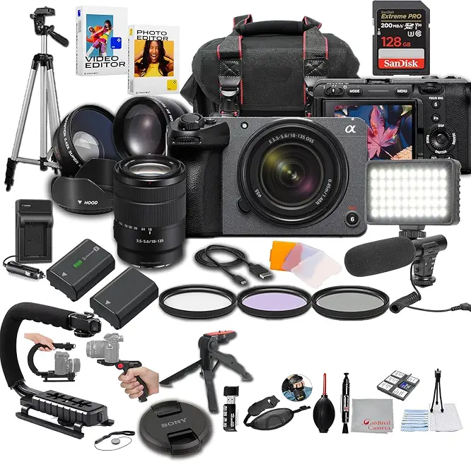 Sony FX30 Digital Cinema Camera with 18-135mm Lens, LED Light, Microphone, 128GB Extreme Speed, U-Grip, - B0D1W434GJ