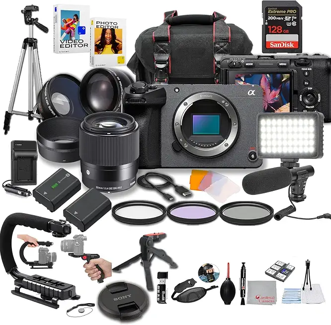 Sony FX30 Digital Cinema Camera with Sigma 30mm f/1.4 DC DN Lens, LED Light, Microphone, - B0D23M5QL7