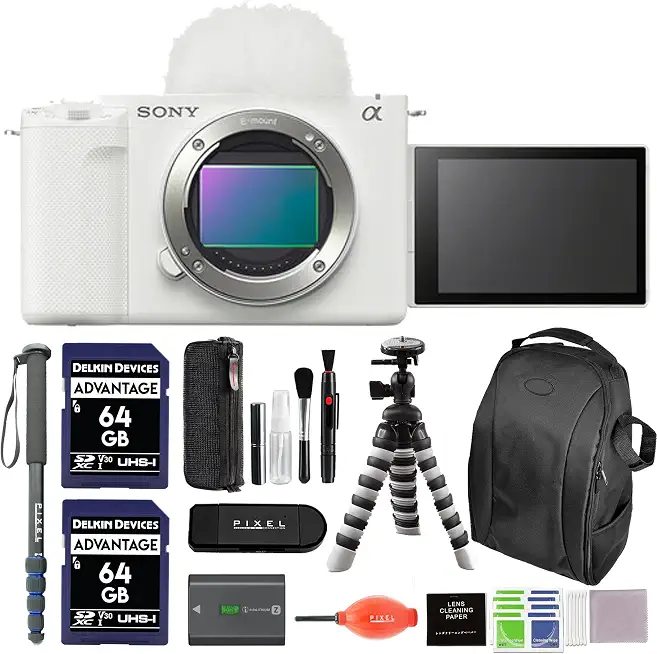 Sony ZV-E1 Mirrorless Camera (White) Bundle with Backpack, Monopod, Tripod, 2 x 64GB SD Card, - B0C9DY8N8L