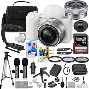 Sony ZV-E10 Mirrorless Camera with 16-50mm Lens (White) Bundle + Wireless Microphone System + Accessory - B0DXXKX2JY