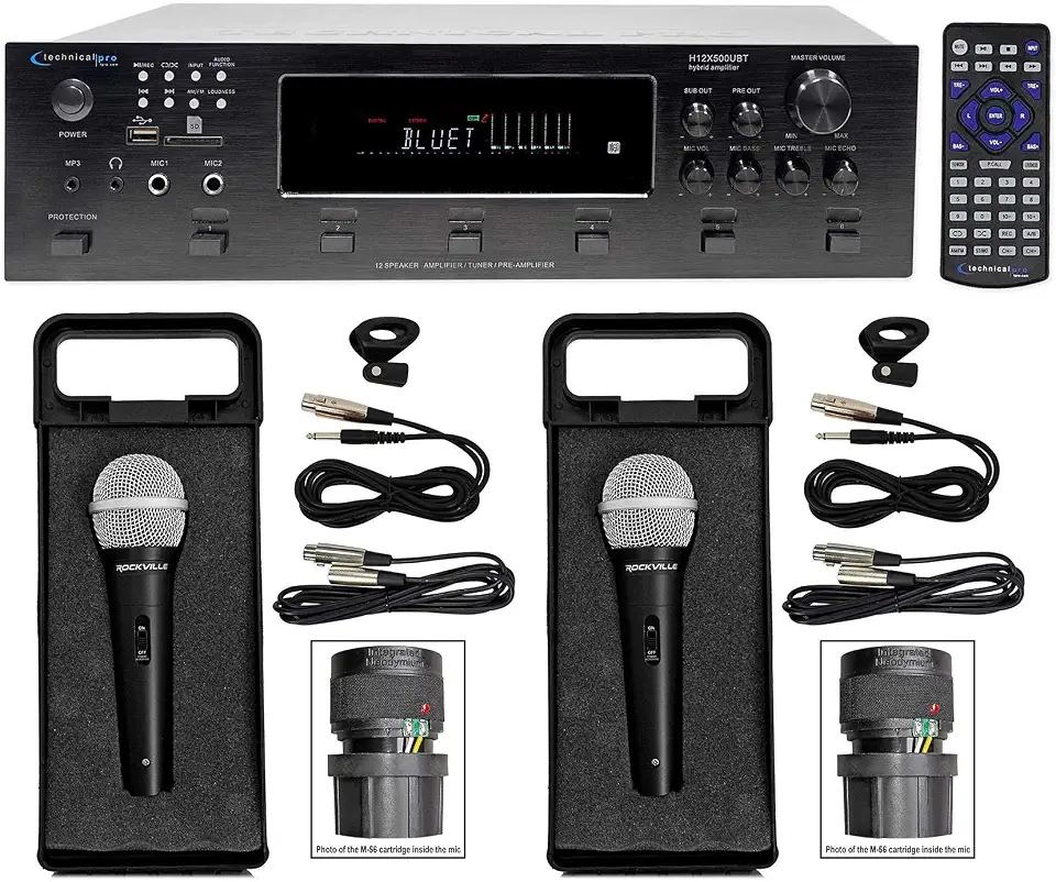 Technical Pro 6000 Watt Bluetooth Karaoke Amplifier Receiver w/USB, SD+(2) Mics - B0798JD9BS