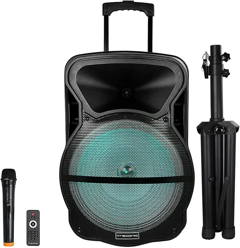 Trexonic Combination 15 Inch Portable Bluetooth Speaker and Tripod Stand with Reactive Lights, FM Radio, - B07FFFB4F9