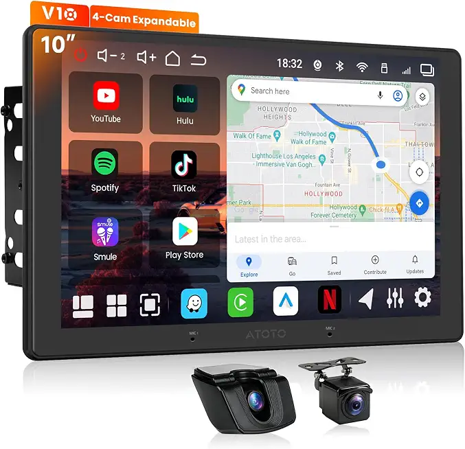 V10 10” QLED Android Double DIN Car Stereo, 6G+128G, 4G LTE, 1080P Front Dash Cam - B0GDZRPVPQ