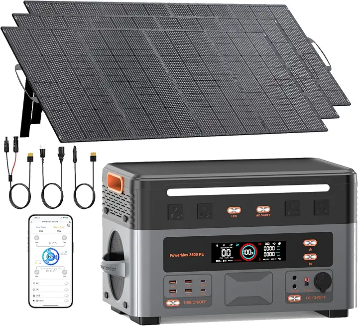 3600W Portable Power Station PowerMax 3600PE with 3x500W Solar Panels - B0HK7W6S2R