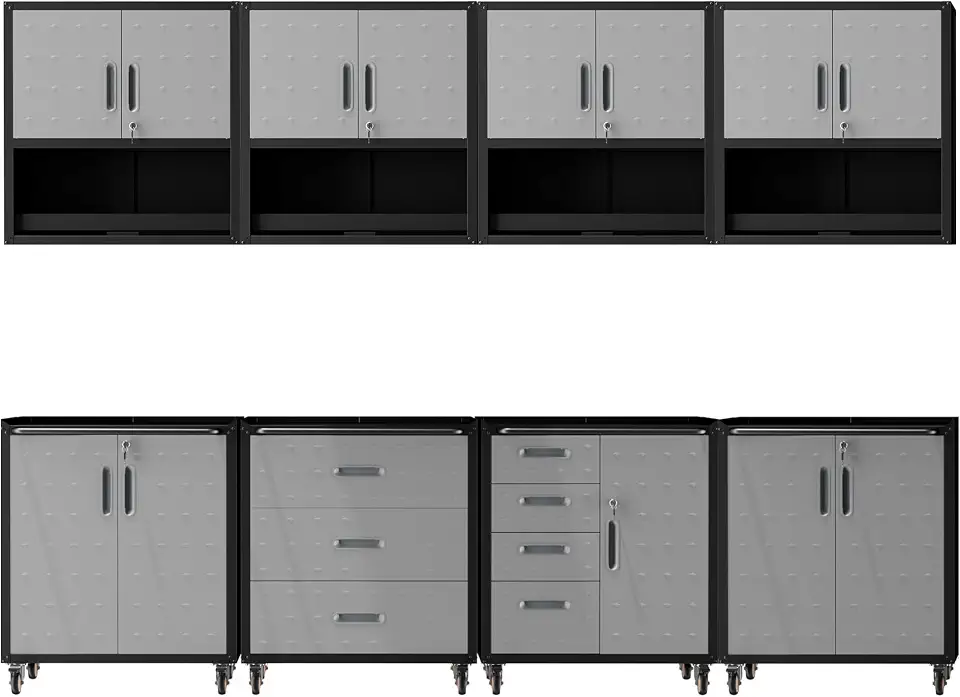 8-Piece Garage Storage System, Steel Tool Cabinet Set with 4 Wall Cabinets and 4 Rolling - B0HJGD9RH1