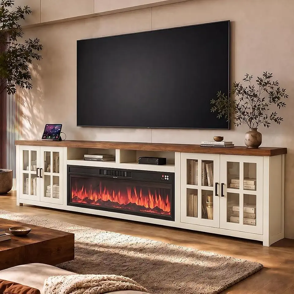 98" Wood Fireplace TV Stand, Modern White - B0HL3K5ZR2