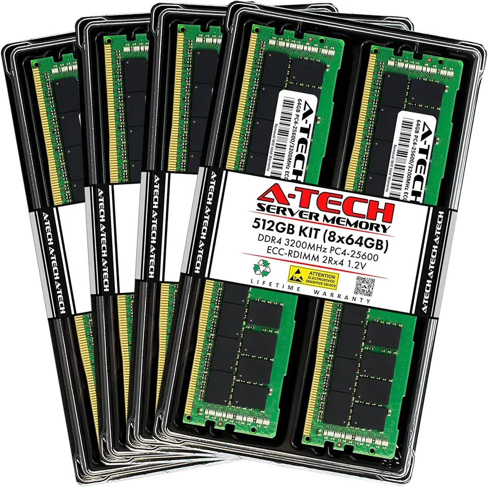 A-Tech 512GB Kit (8x64GB) DDR4 3200MHz PC4-25600 ECC RDIMM 2Rx4 Dual Rank 1.2V ECC Registered - B0C2FMSRJ8