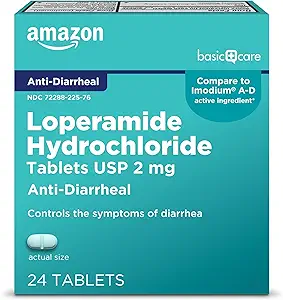 Amazon Basic Care Loperamide Hydrochloride Tablets, 2 mg, Anti-Diarrheal, 24 Count (Pack of 1) - B082DQG6CZ