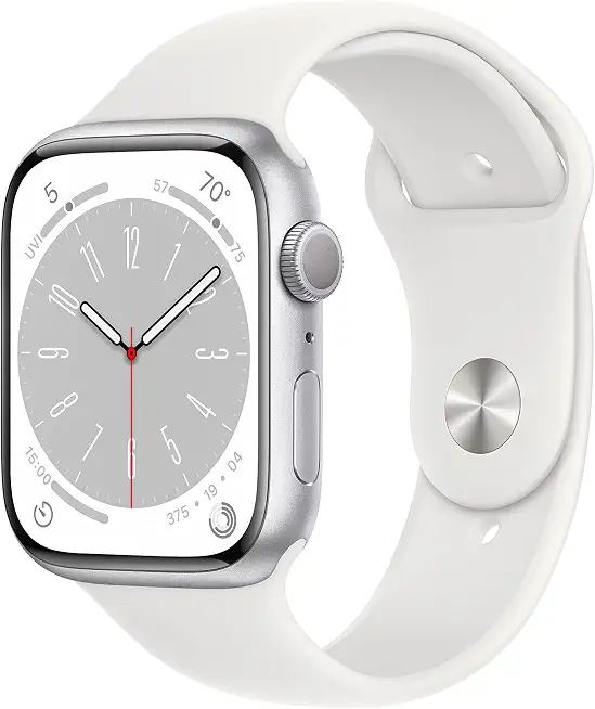 Apple Watch Series 8 [GPS 45mm] Smart Watch w/Silver Aluminum Case with White Sport Band - B0BDHHLRVQ