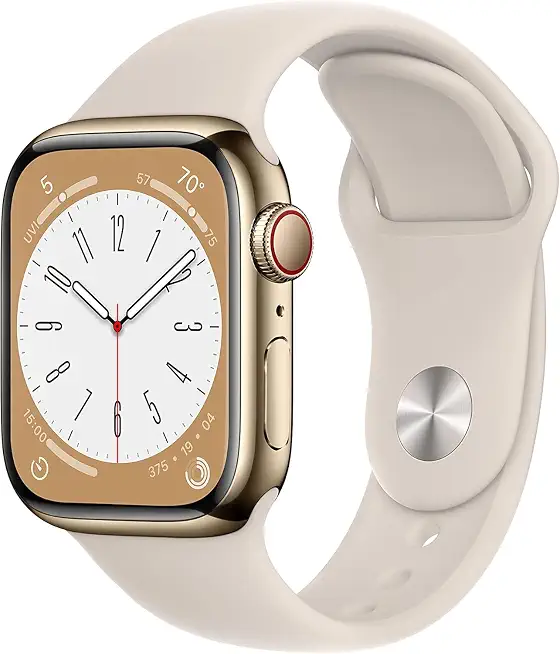 Apple Watch Series 8 (GPS + Cellular, 41MM) Gold Stainless Steel Case with Starlight Sport - B0BRQSNK25