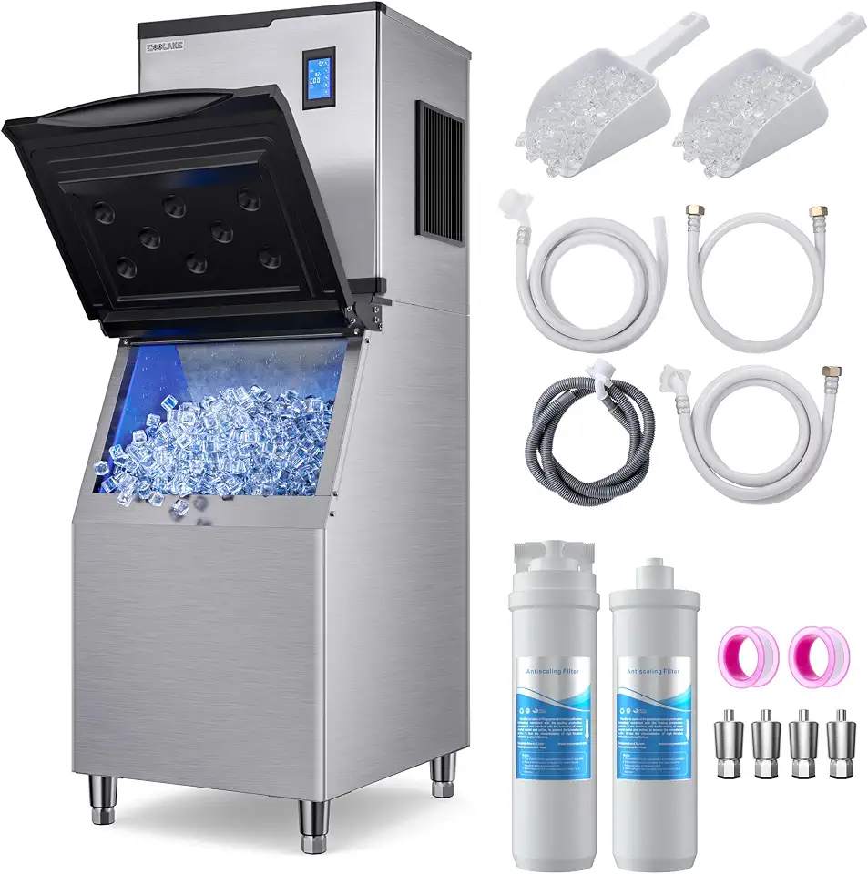 Coolake Commercial Ice Maker Machine 450lbs/day with 360 lbs Storage Bin, Self-Cleaning Stainless Steel Freestanding - B0HHJNXCQD