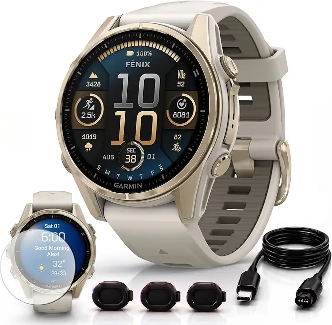 Garmin Fenix 8 43mm AMOLED Sapphire Multisport GPS Smartwatch, Soft Gold with Fog Gray Sandstone - B0F5X781TF